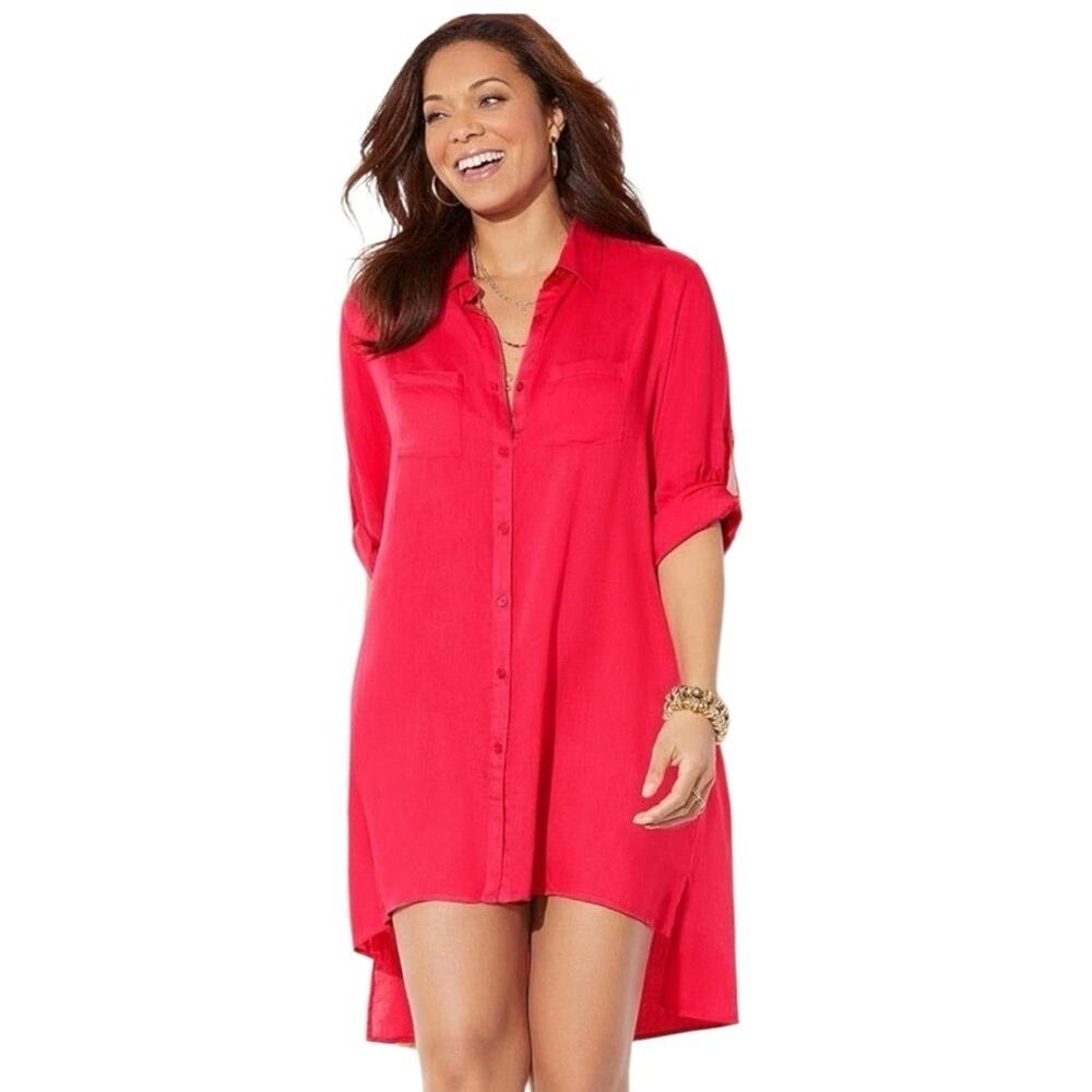 Swimsuits For All Women's Red Lyla Button Up Cover Up Shirt 10-12